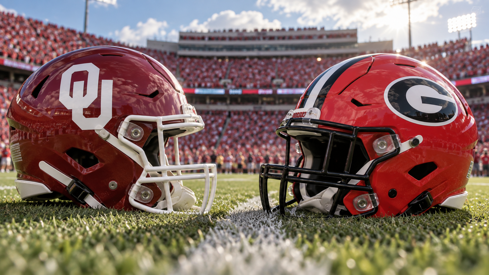 Oklahoma crimson OU helmet vs Georgia red G helmet