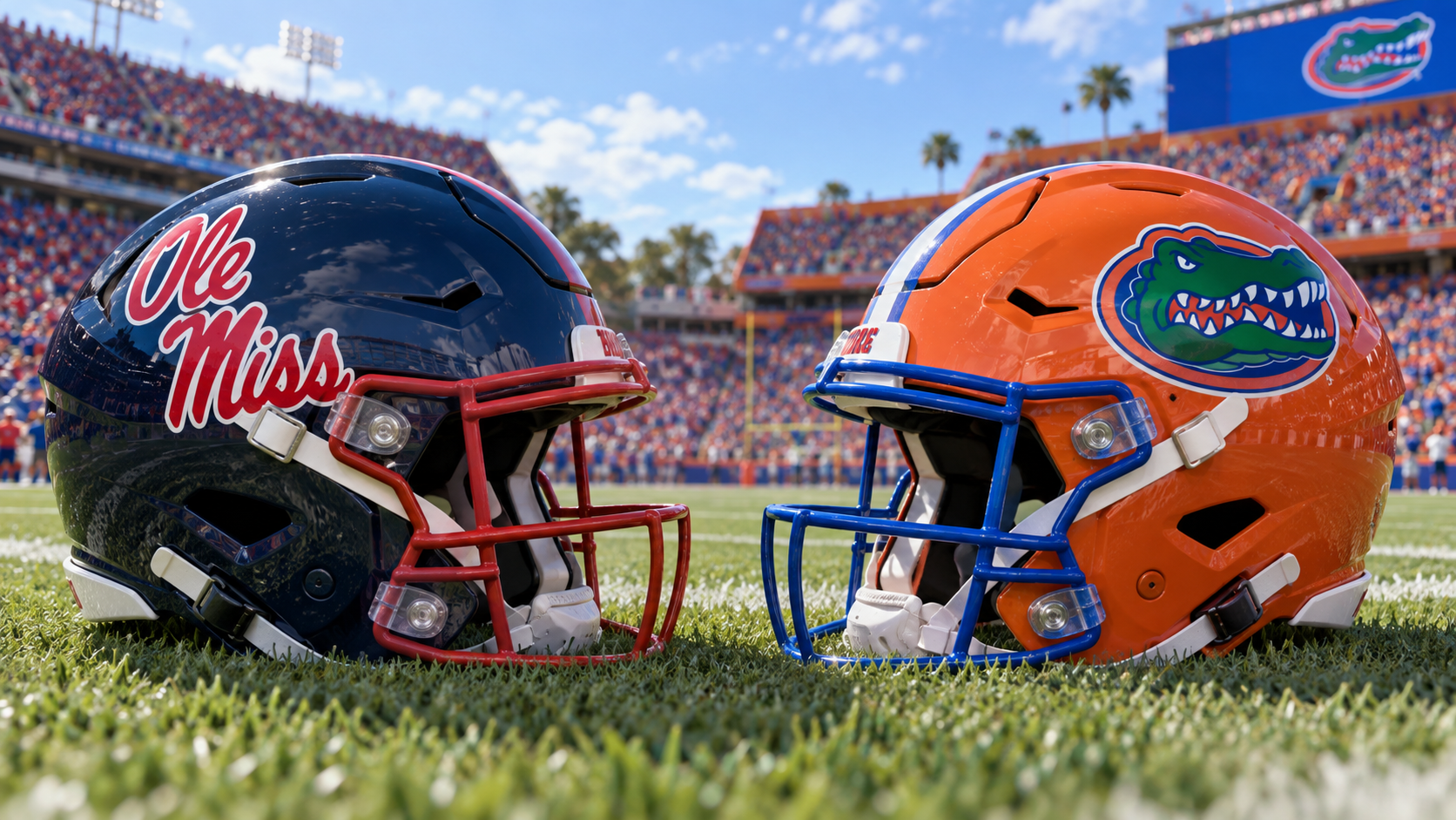 Ole Miss navy script helmet vs Florida orange helmet