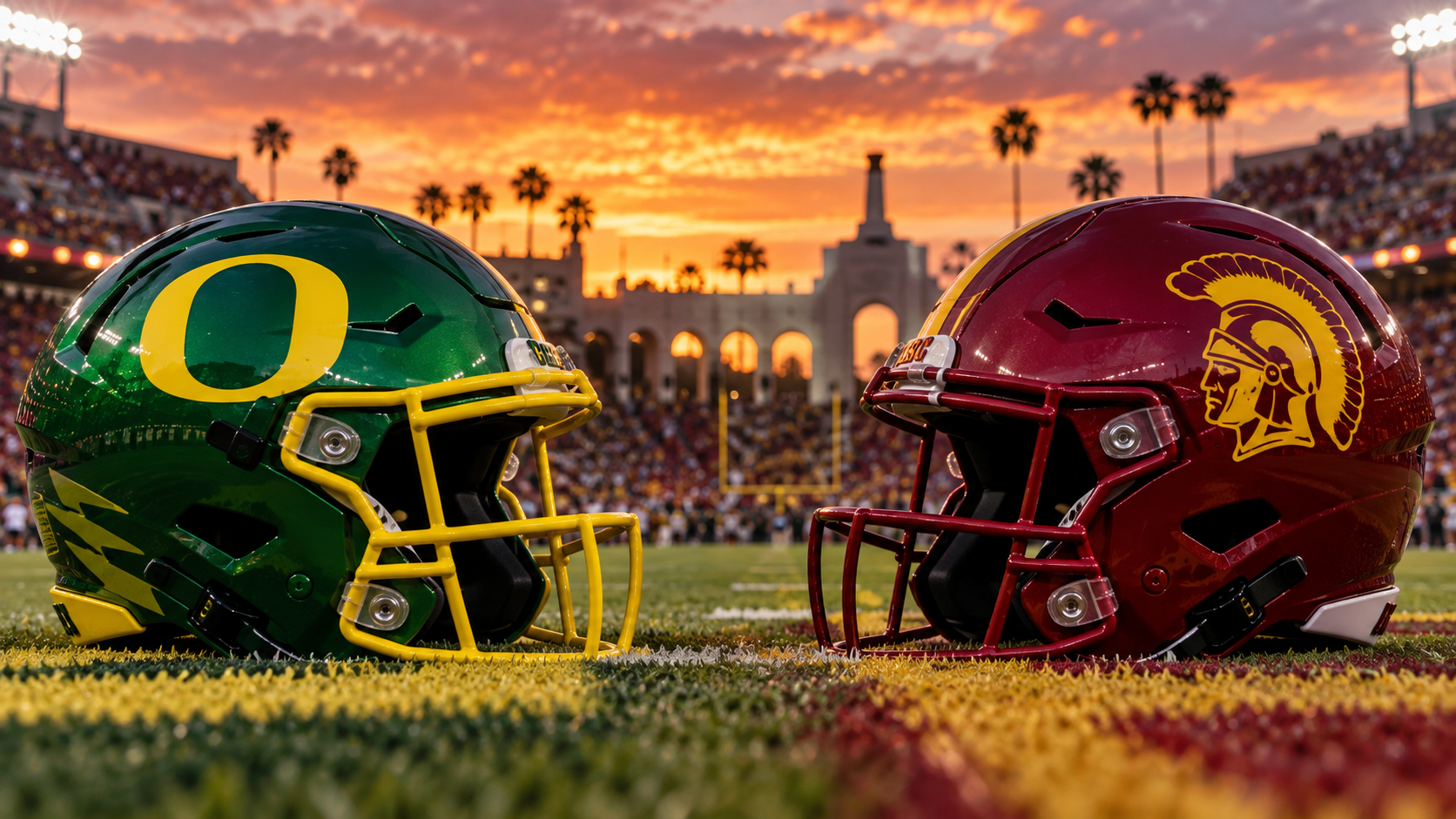 Oregon green O helmet vs USC cardinal Trojan helmet