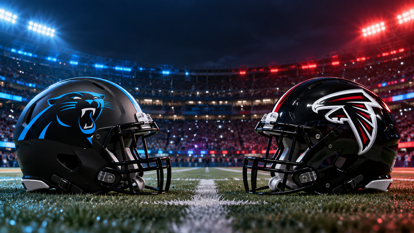 Carolina Panthers and Atlanta Falcons helmets facing each other