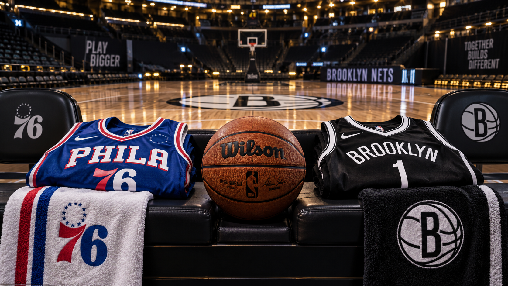 Editorial illustration of Philadelphia 76ers and Brooklyn Nets team equipment