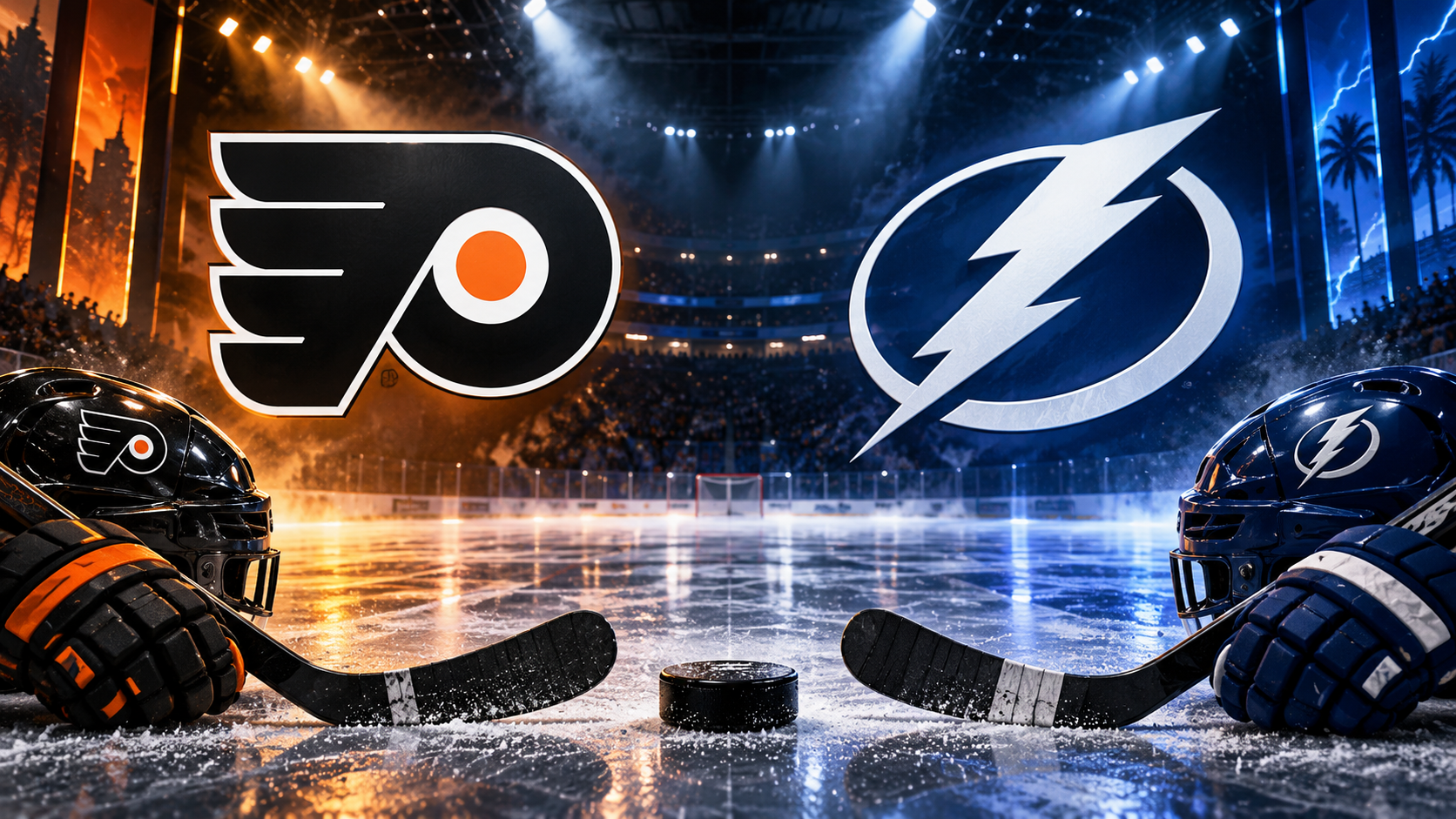Editorial illustration of Philadelphia Flyers and Tampa Bay Lightning team equipment