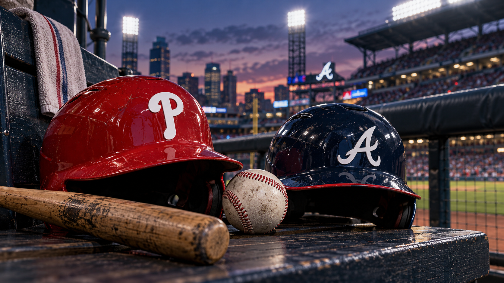 Editorial illustration of Philadelphia Phillies and Atlanta Braves team equipment