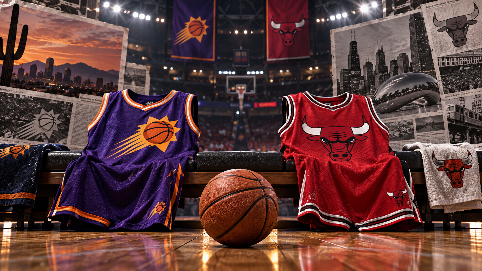 Editorial illustration of Phoenix Suns and Chicago Bulls team equipment