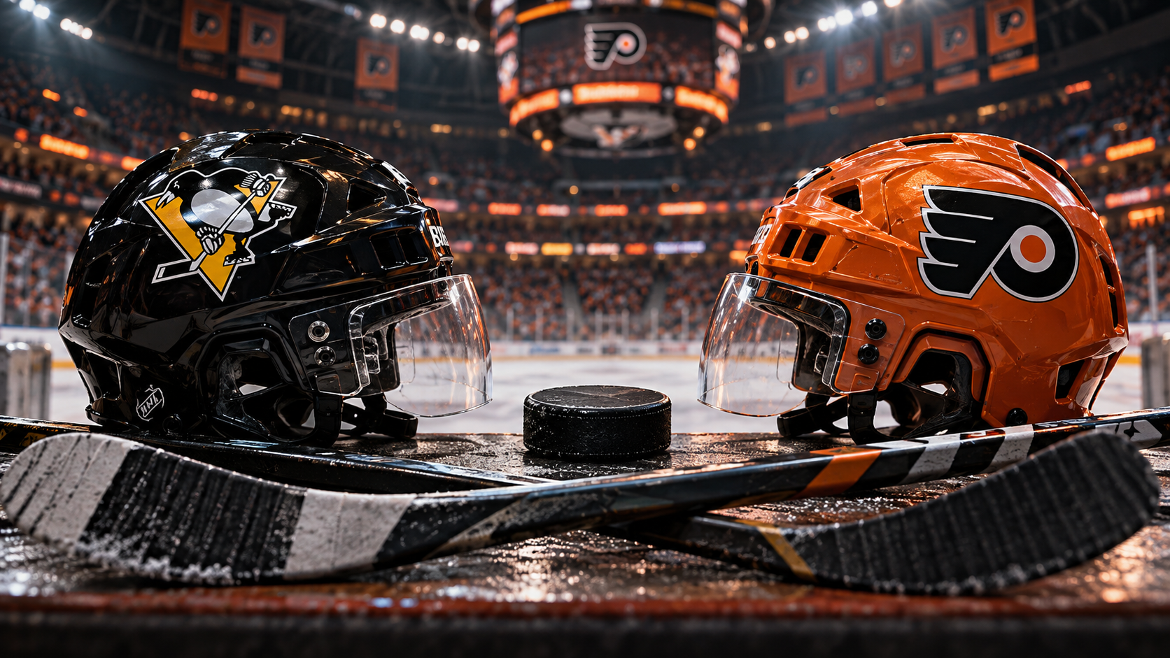 Editorial illustration of Pittsburgh Penguins and Philadelphia Flyers team equipment