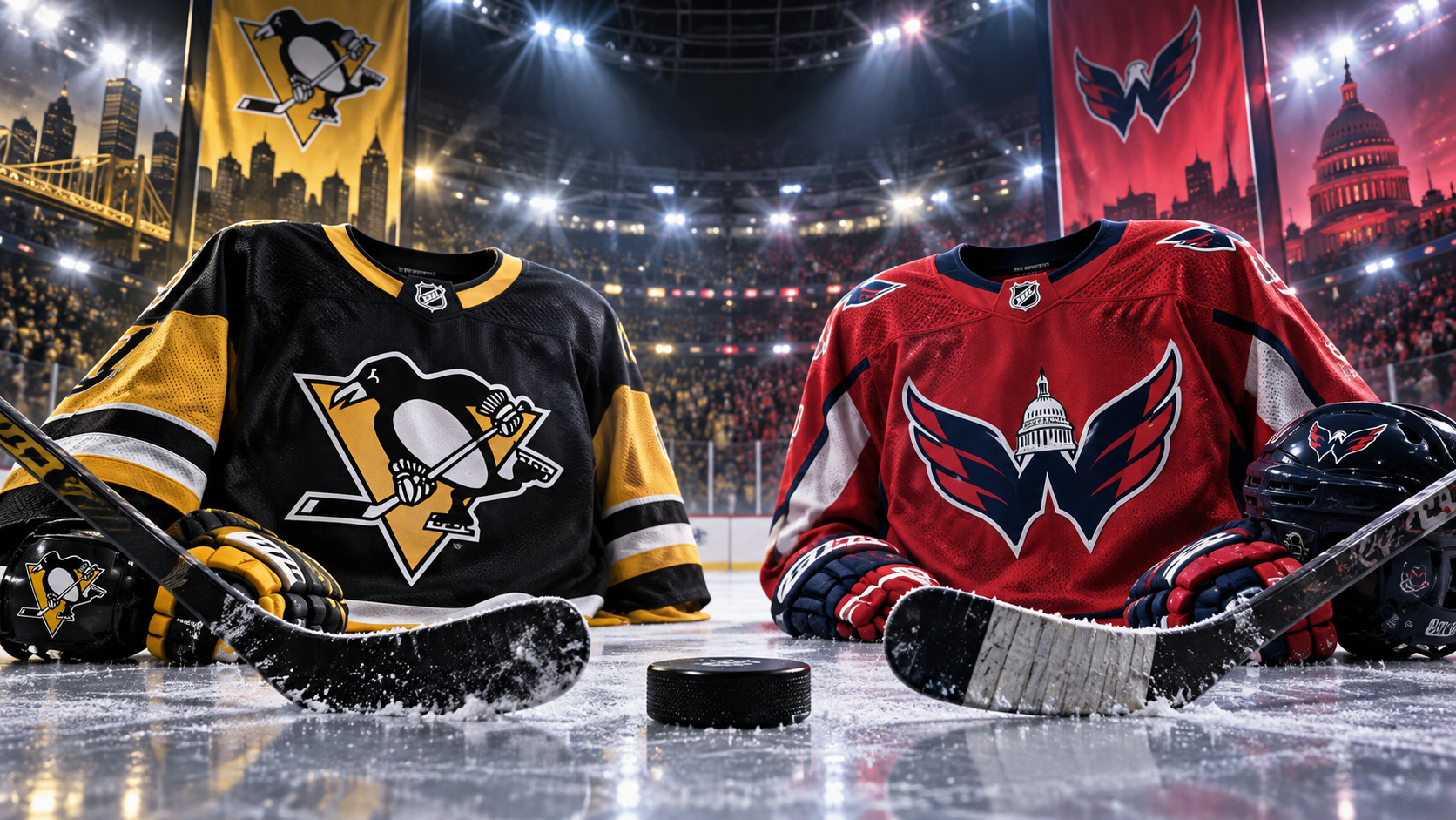 Editorial illustration of Pittsburgh Penguins and Washington Capitals team equipment