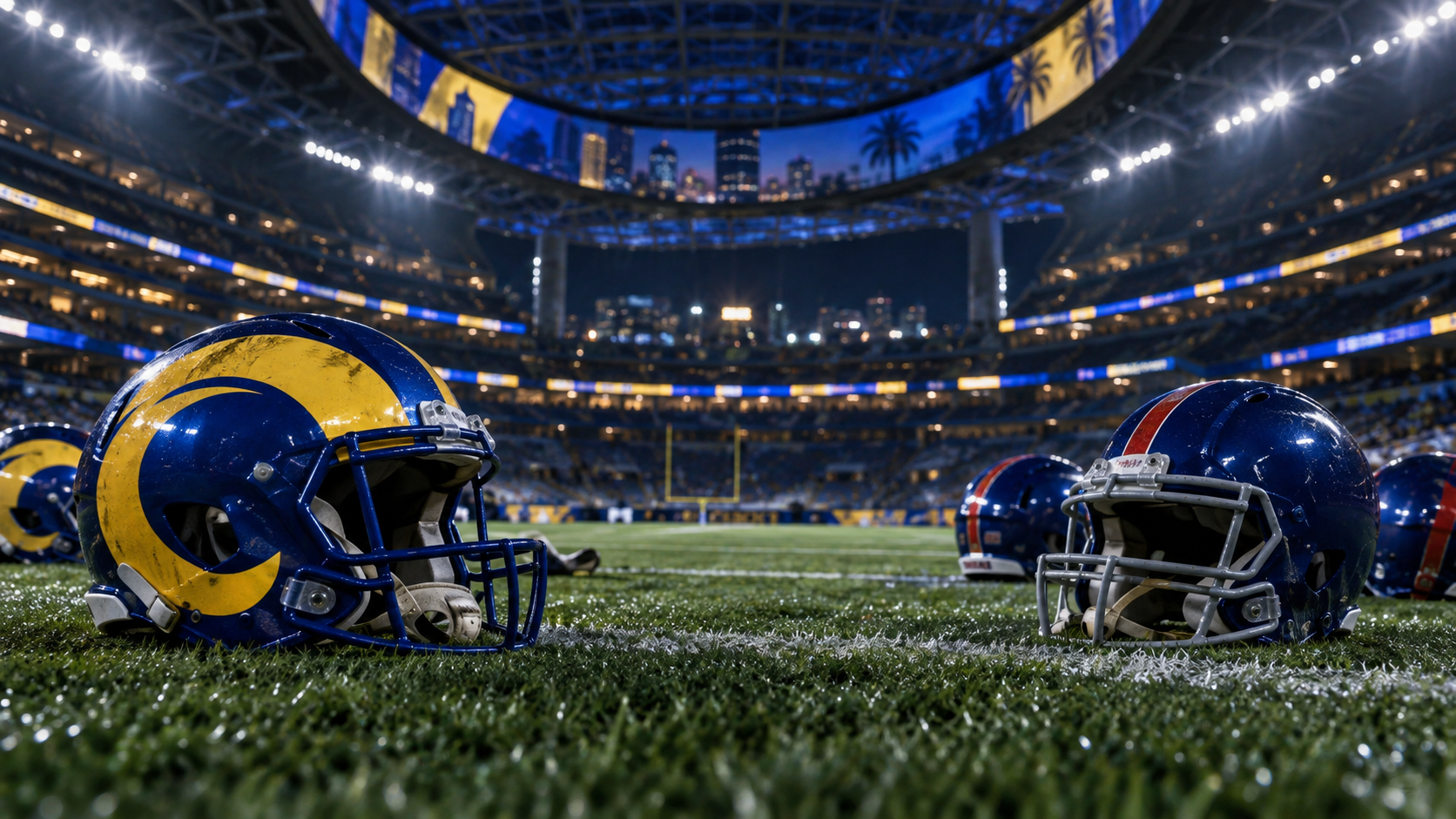 A night football stadium scene with blue and gold and blue and red helmets facing each other.