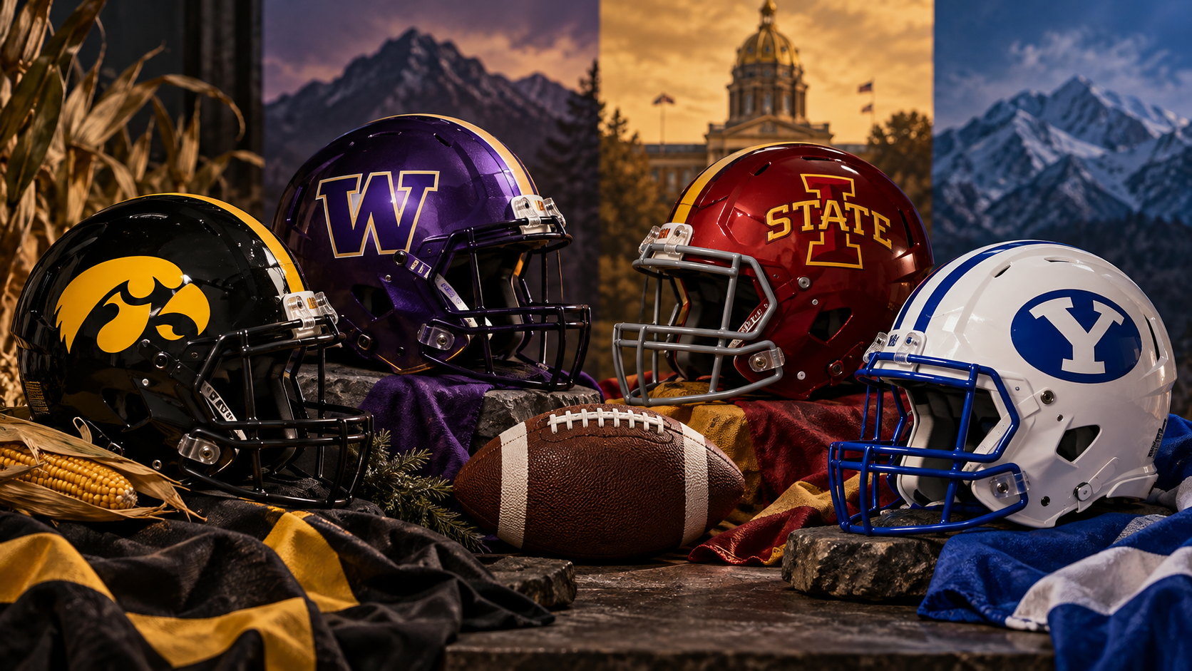 Iowa, Washington, Iowa State and BYU equipment editorial illustration