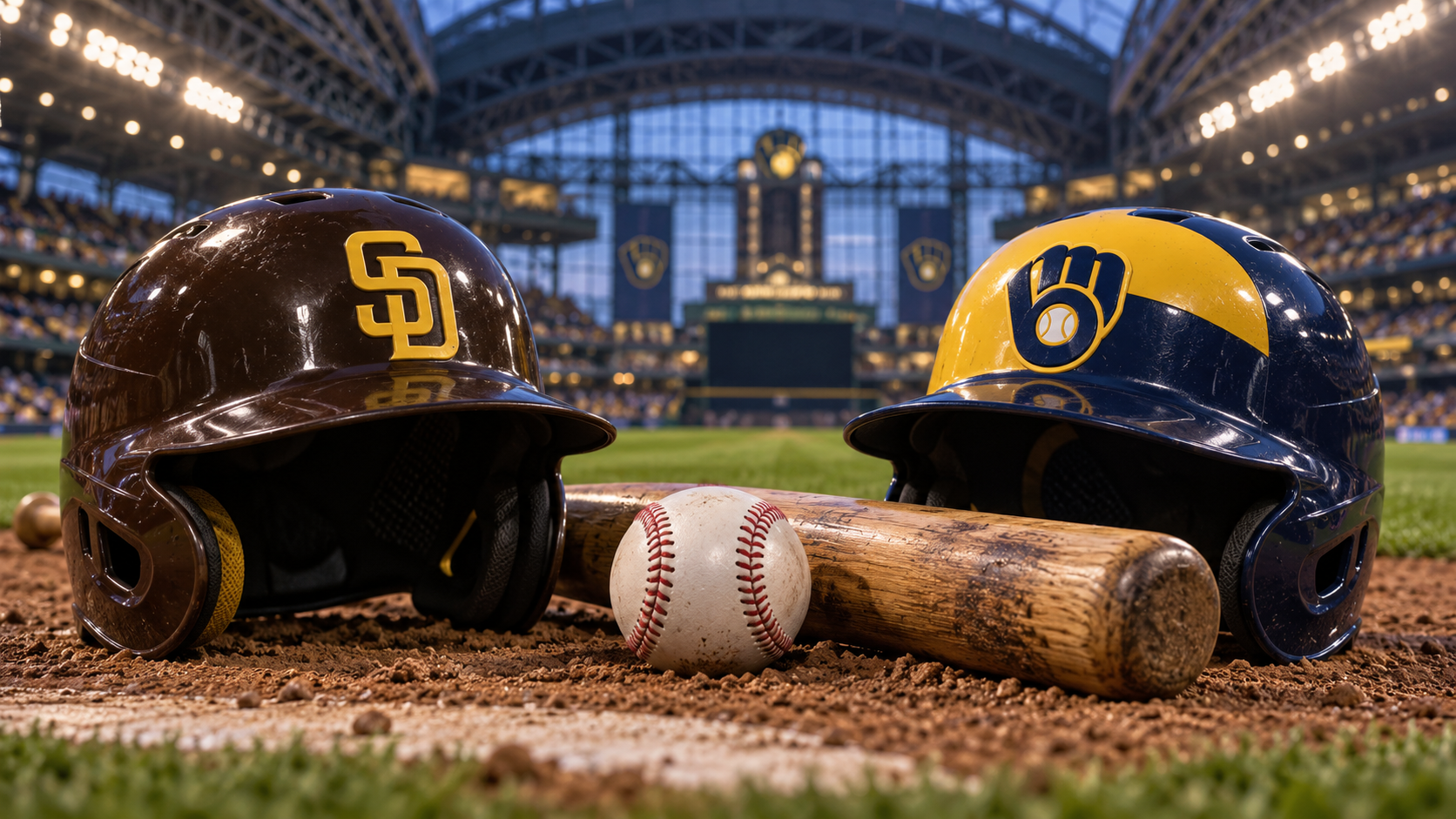 Editorial illustration of San Diego Padres and Milwaukee Brewers team equipment