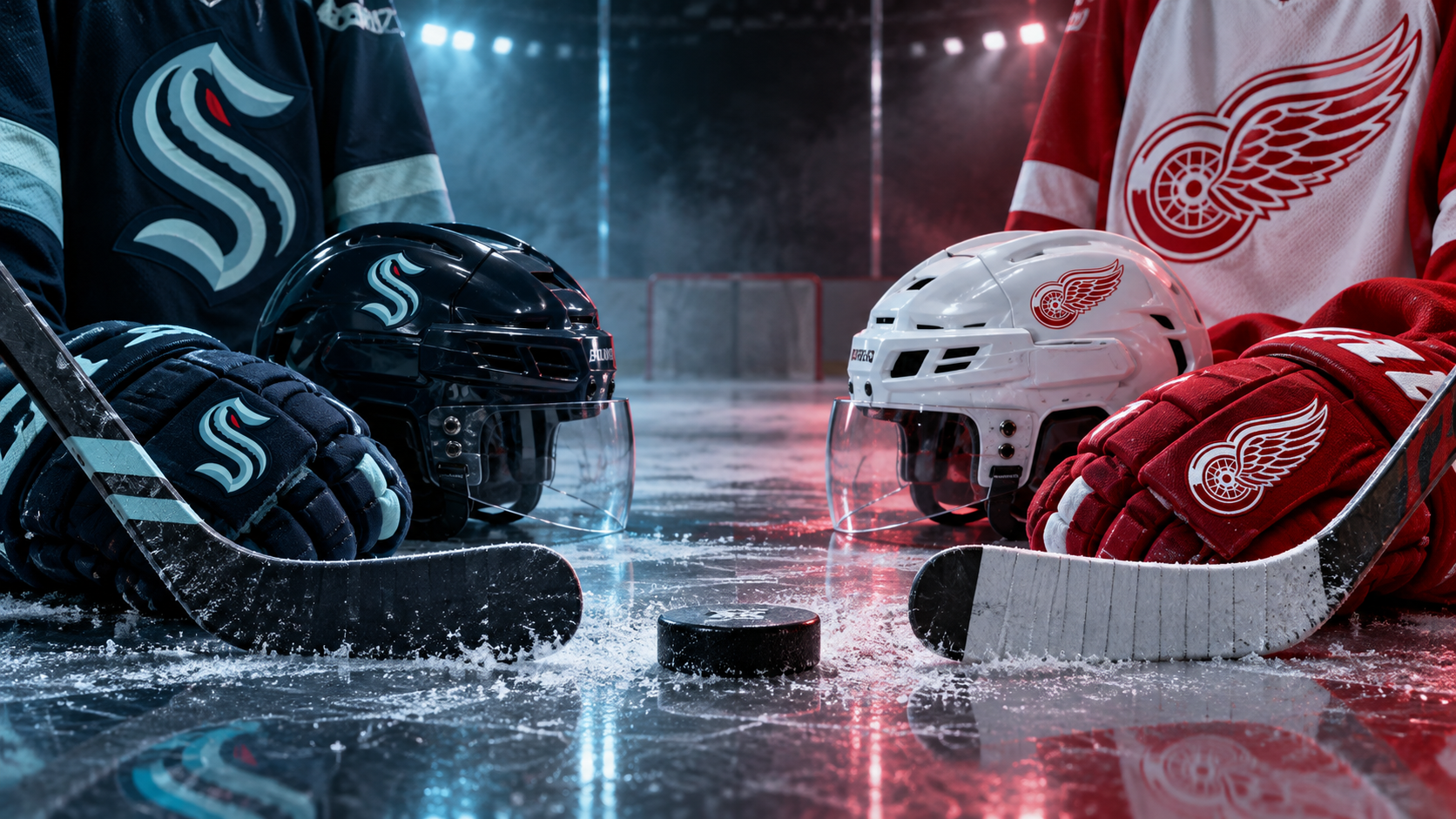 Editorial illustration of Seattle Kraken at Detroit Red Wings team equipment
