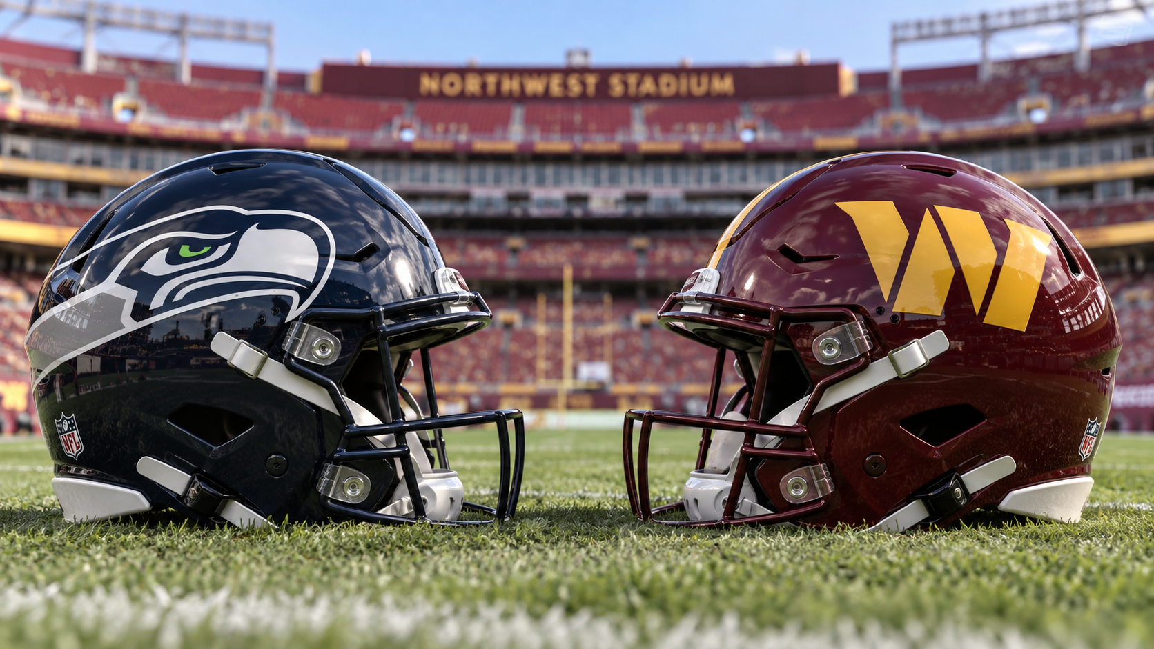 Editorial illustration representing Seattle Seahawks and Washington Commanders