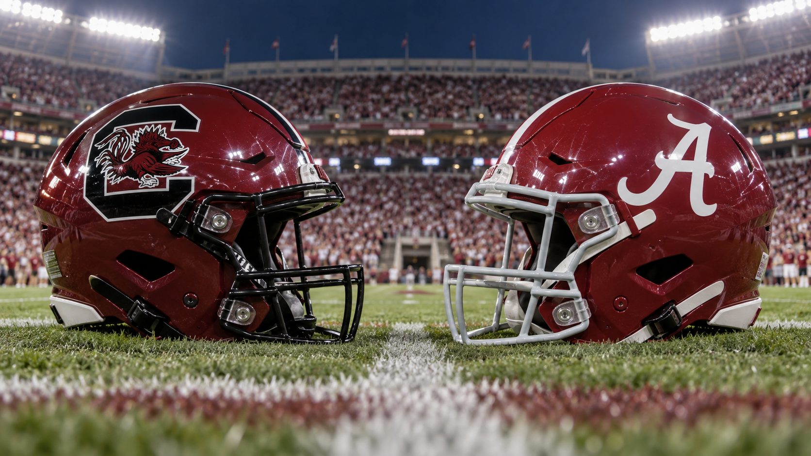 South Carolina Gamecock helmet vs Alabama crimson A helmet