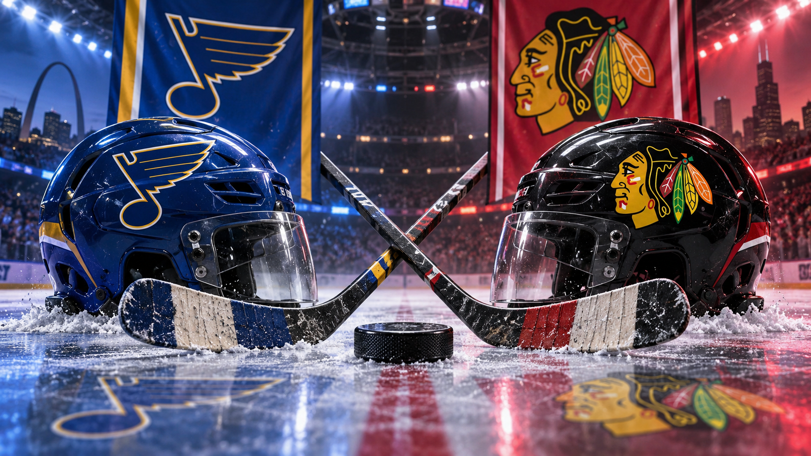 Editorial illustration of St. Louis Blues and Chicago Blackhawks team equipment