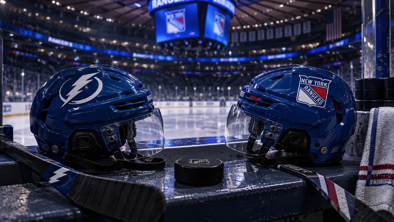 Editorial illustration of Tampa Bay Lightning and New York Rangers team equipment