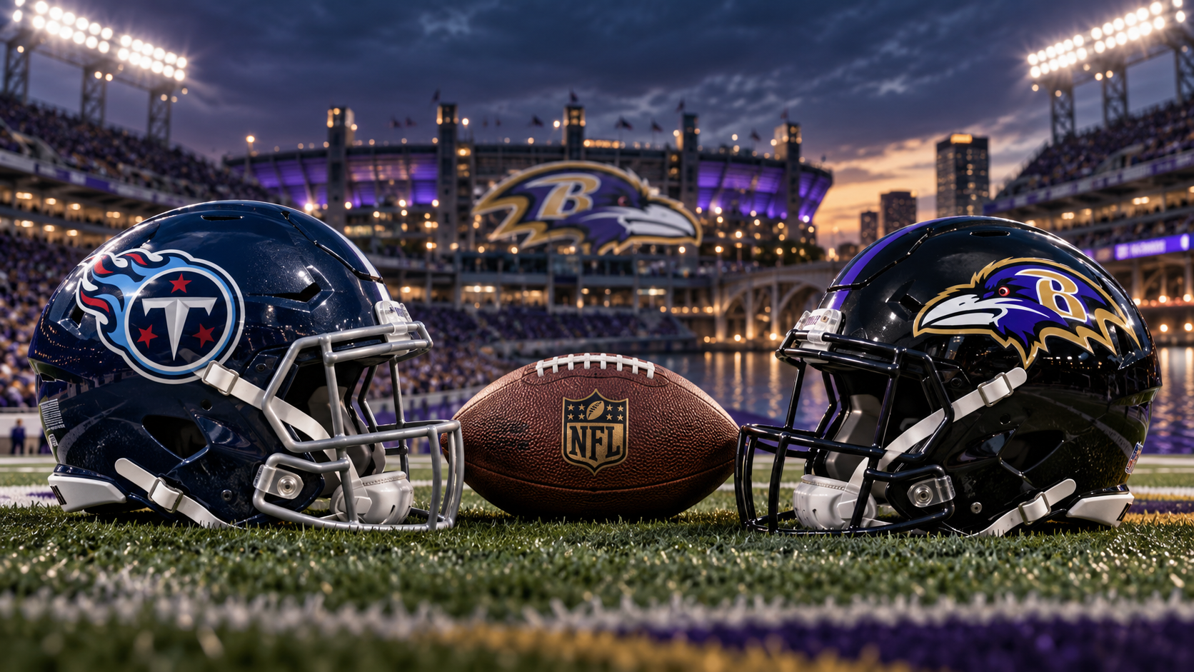 Editorial illustration of Tennessee Titans and Baltimore Ravens team equipment