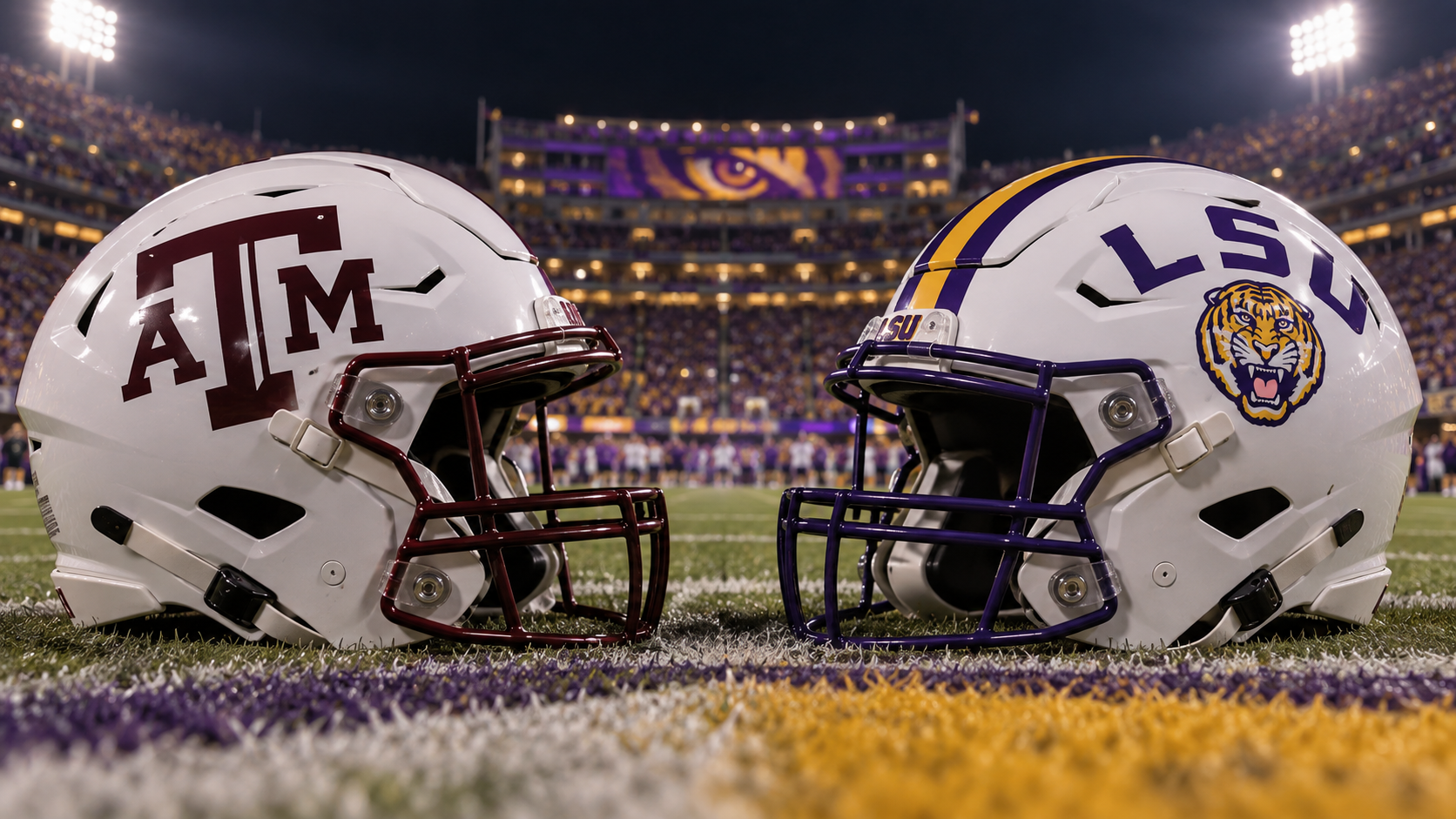 Texas A&M white ATM helmet vs LSU white striped helmet