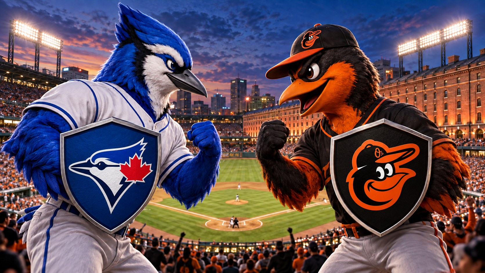 Cinematic Toronto Blue Jays at Baltimore Orioles mascot matchup illustration at Oriole Park at Camden Yards