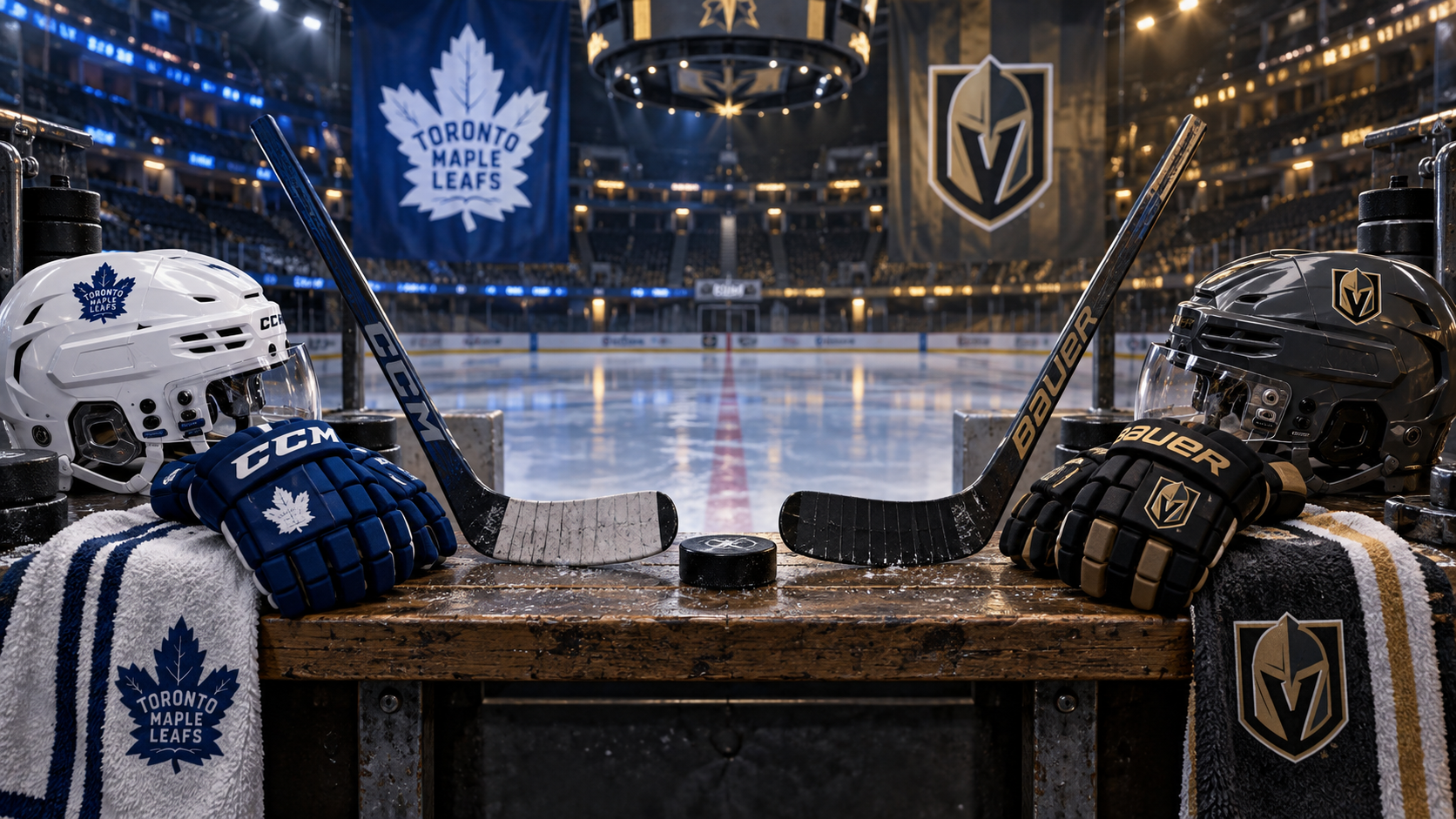 Editorial illustration of Toronto Maple Leafs and Vegas Golden Knights team equipment