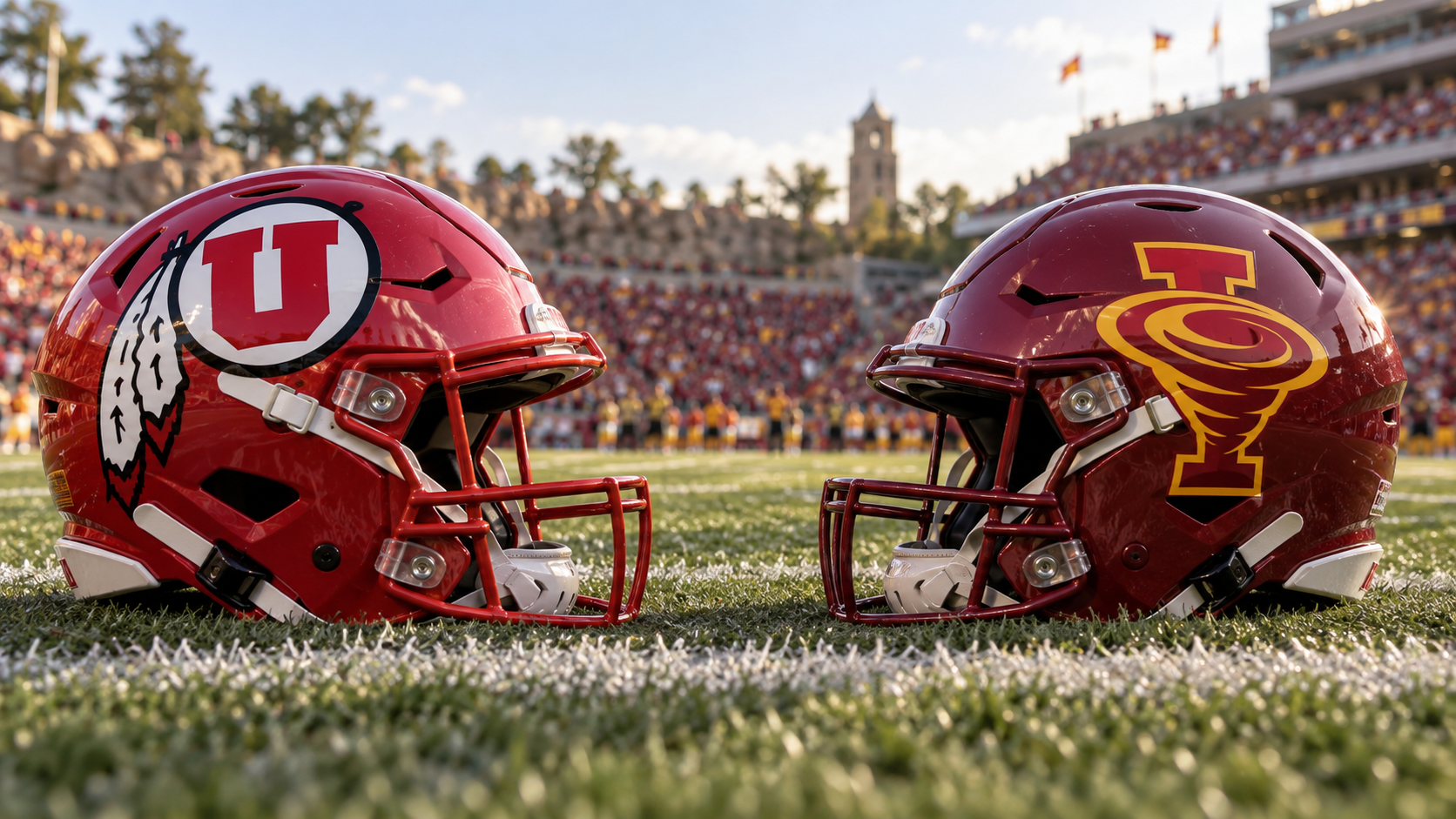 Utah red Utes helmet vs Iowa State cardinal Cyclone helmet