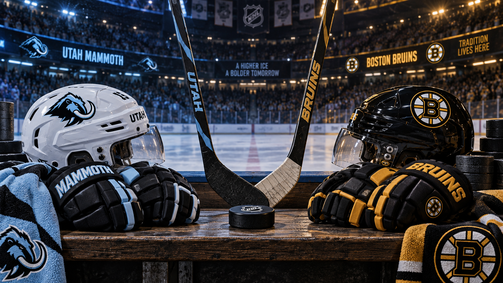 Editorial illustration of Utah Mammoth and Boston Bruins team equipment