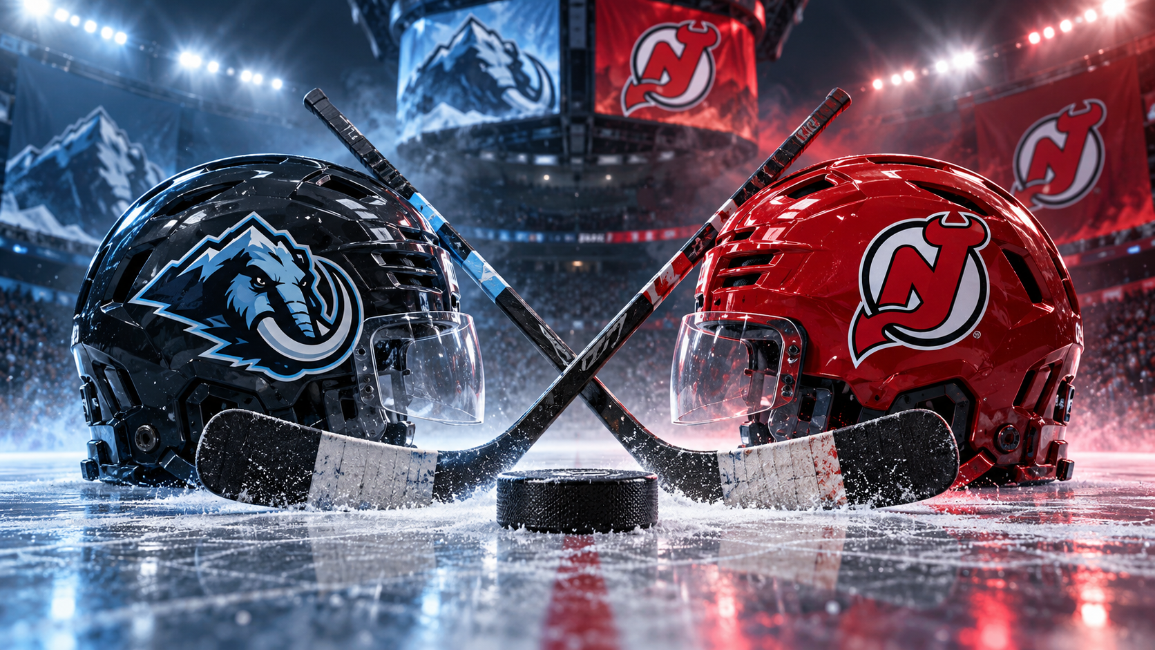 Editorial illustration of Utah Mammoth and New Jersey Devils team equipment