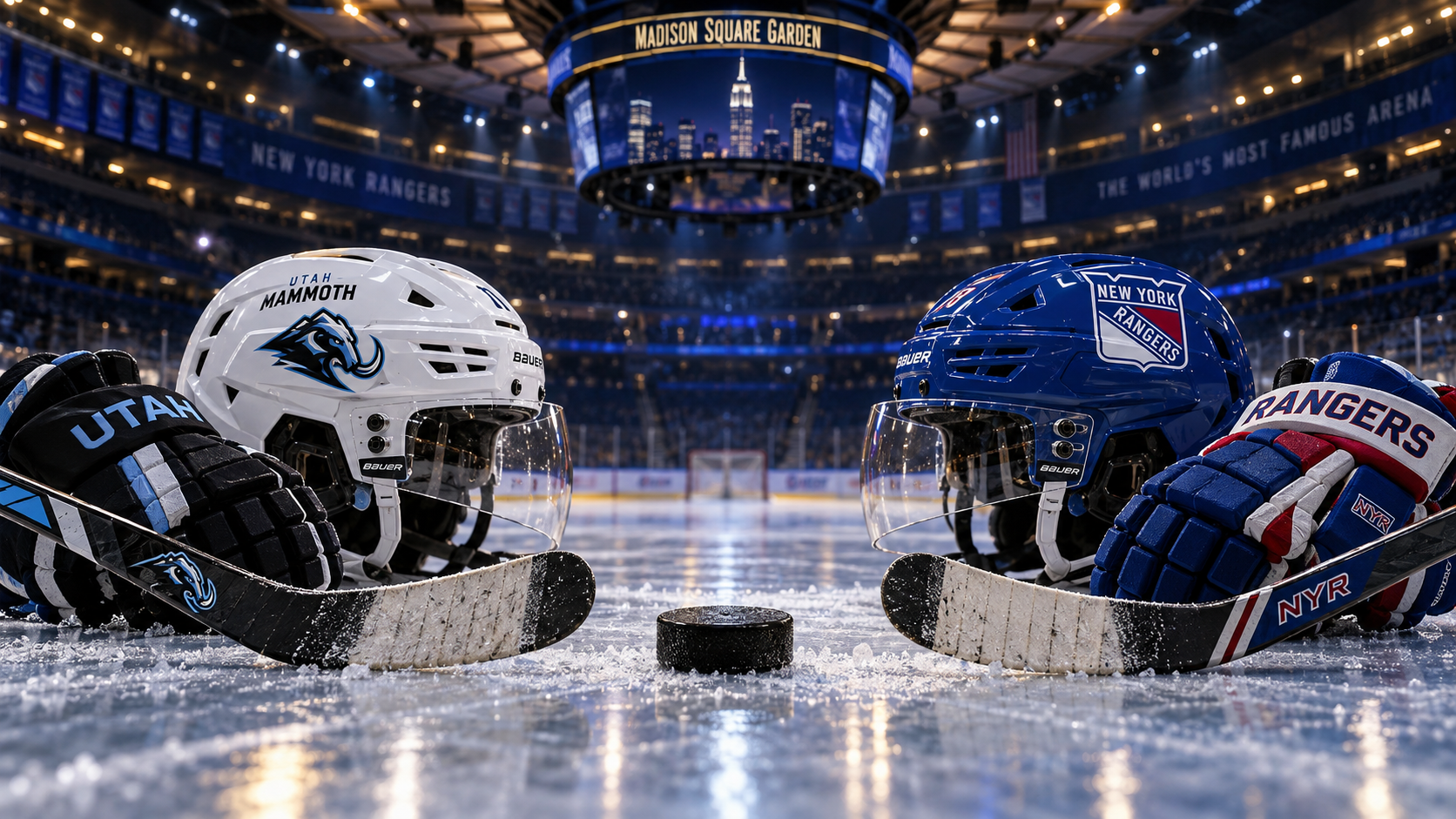 Editorial illustration of Utah Mammoth and New York Rangers team equipment