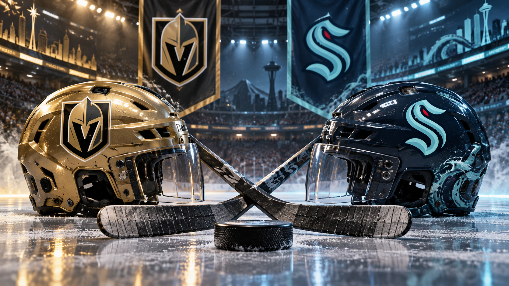 Editorial illustration of Vegas Golden Knights and Seattle Kraken team equipment
