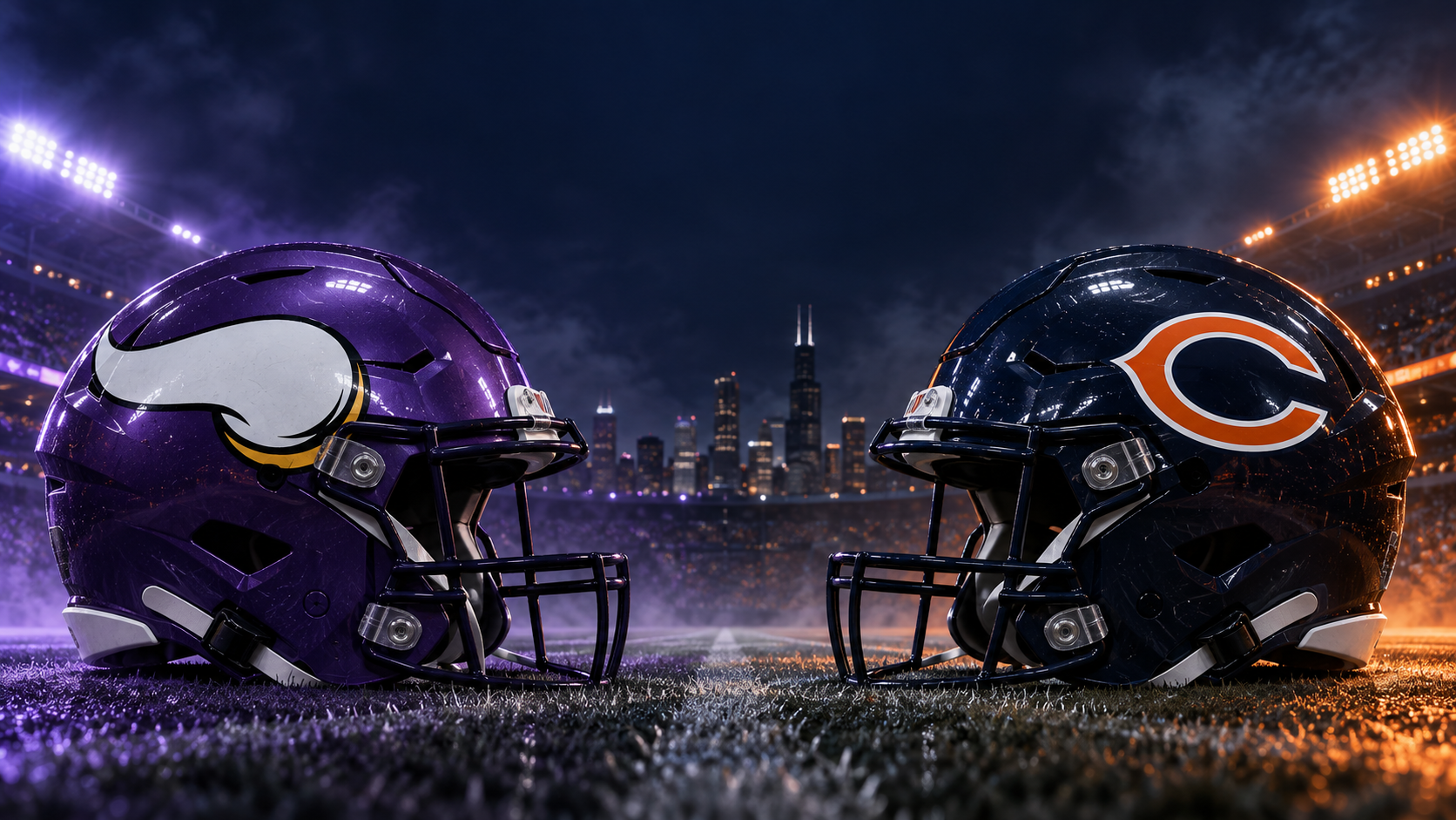 Minnesota Vikings and Chicago Bears helmets facing each other
