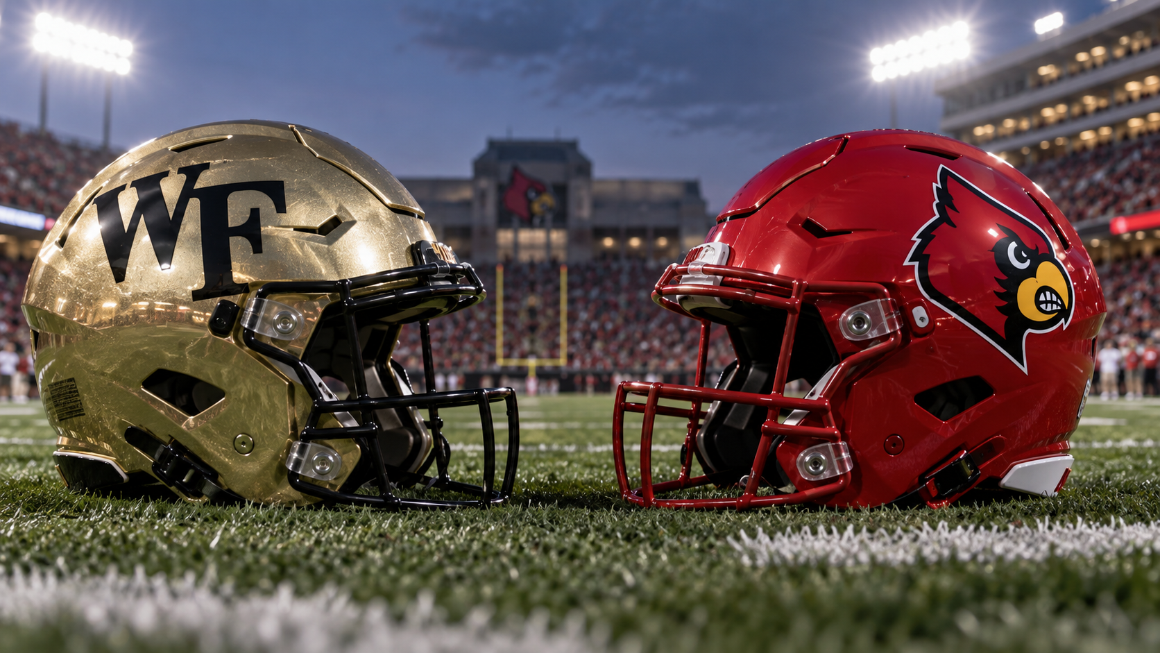 Wake Forest metallic old-gold WF helmet vs Louisville red cardinal-head helmet
