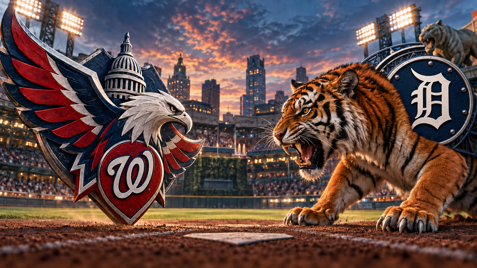 Cinematic Washington Nationals at Detroit Tigers mascot matchup illustration at Comerica Park