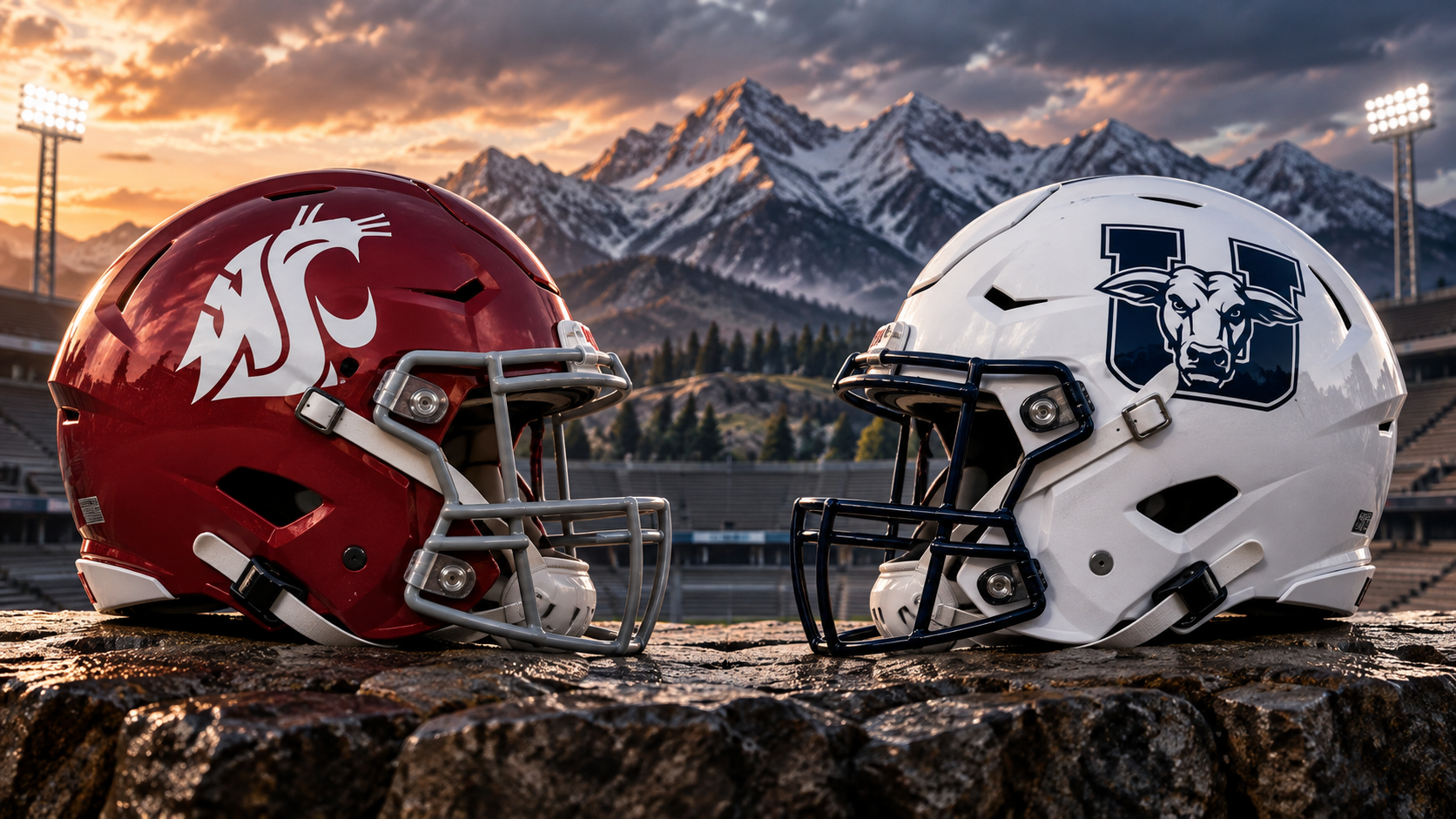 Editorial illustration of Washington State Cougars at Utah State Aggies team equipment