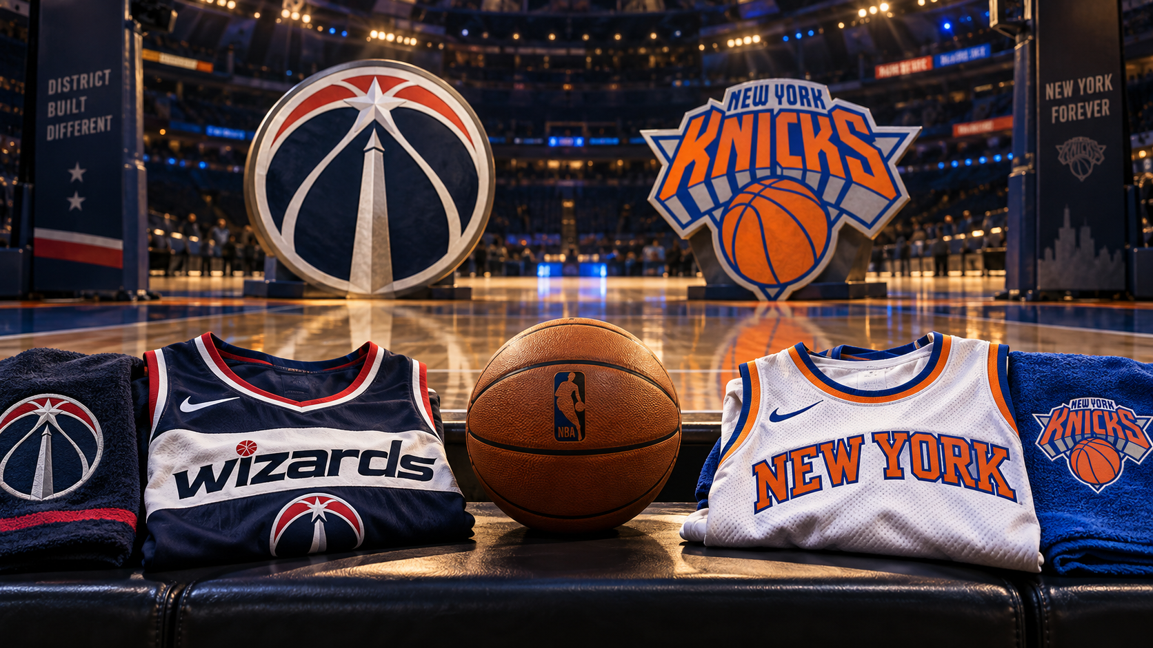 Editorial illustration of Washington Wizards and New York Knicks team equipment