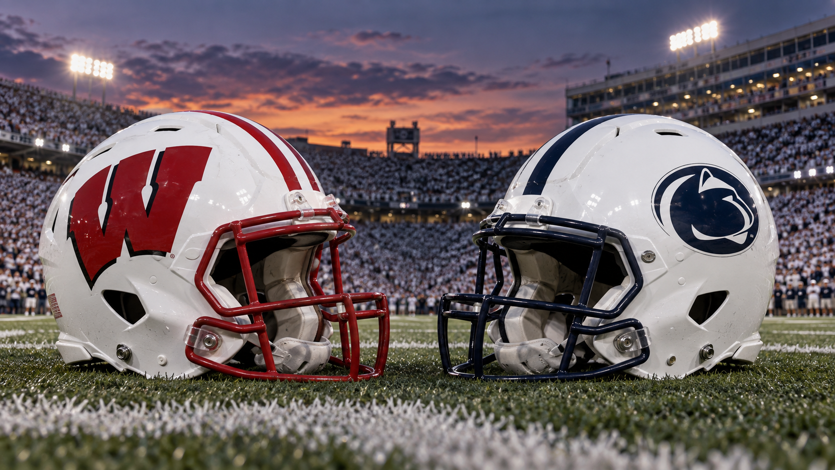 Wisconsin white W helmet vs Penn State white stripe helmet